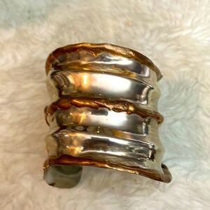 Vintage Brutalist Wide Mixed Metal Artisan Cuff Bracelet